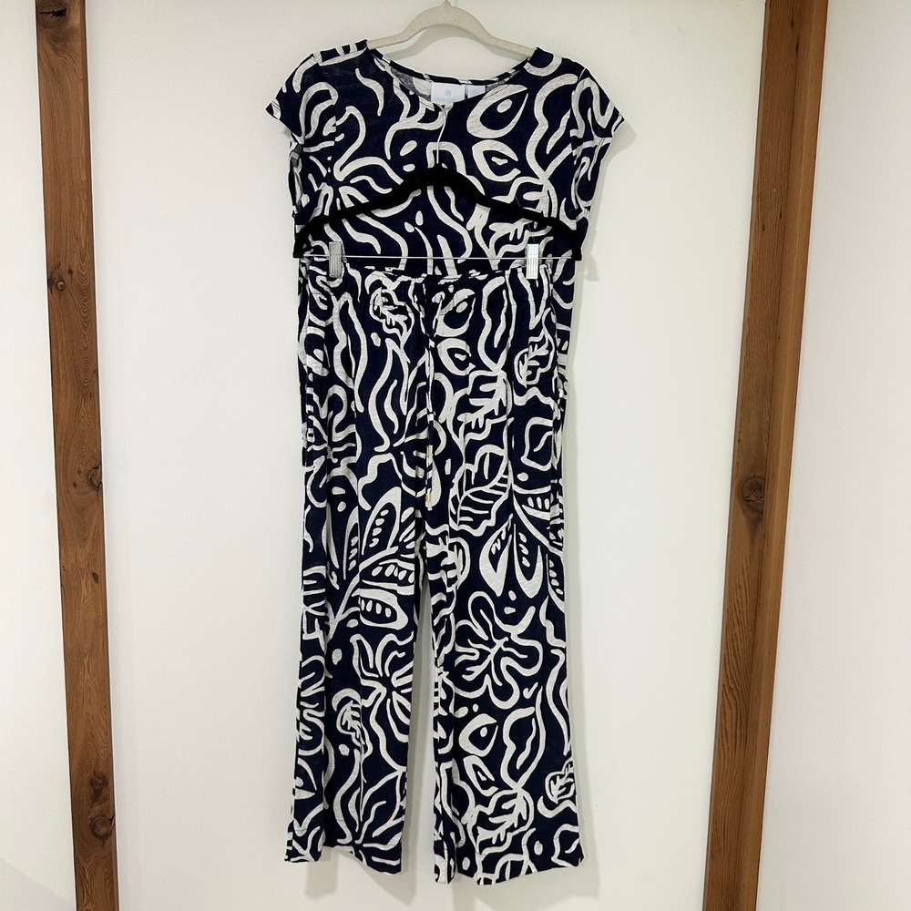 Cynthia Rowley 2 Piece Set Women Small Navy White Floral Top Wide Leg Pants